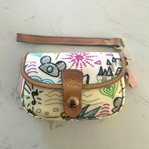 Dooney & Bourke Disney Parks Wristlet–White Sketch Pattern with Tinker Bell- EUC